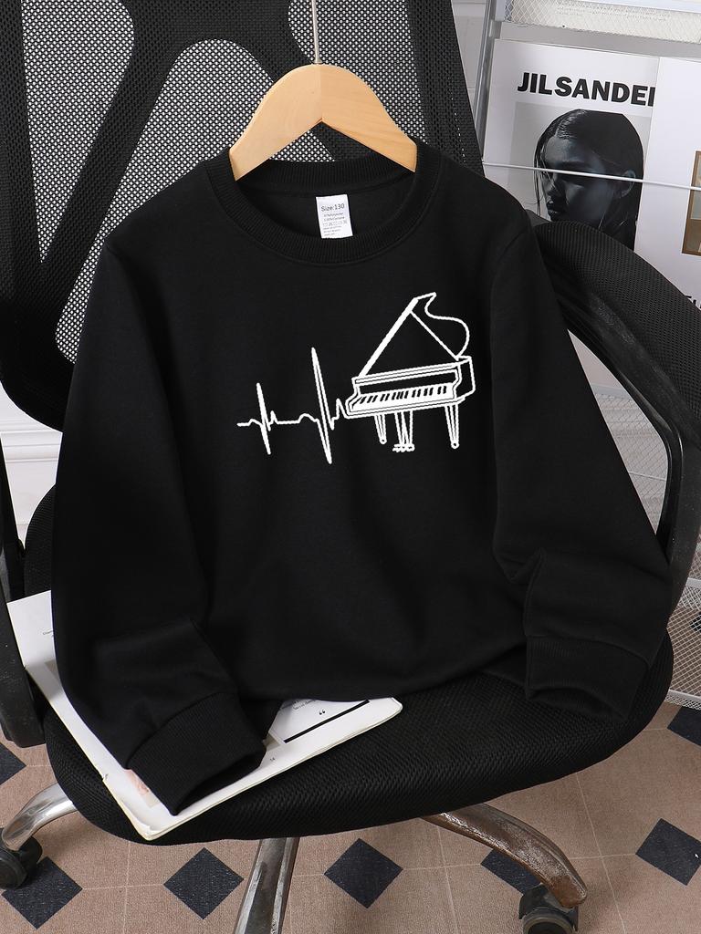 Kids Crewneck Sweatshirt, Piano Heartbeat Music Graphic Print, Spring Autumn Casual Sport Tops
