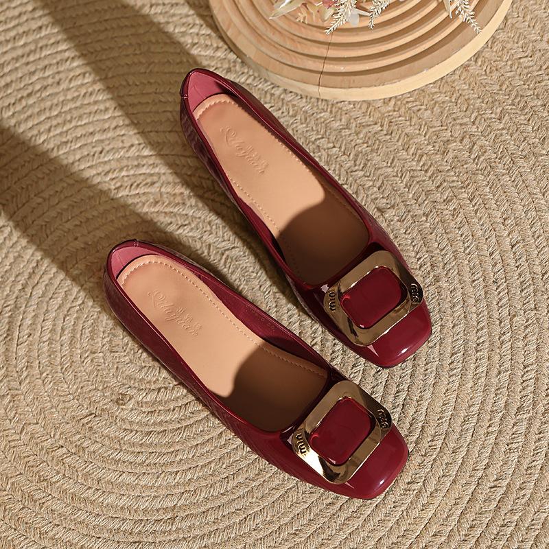 Customized~ Low-heeled Single Shoes Femininity 2025 Spring and Autumn New Patent Leather Square-headed Grandma Shoes Red Thick-heeled High Heels
