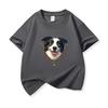 Kids Cotton T Shirt Adorable Collie Dog Zipper Print Crew Neck Short Sleeve Tee Casual Breathable Boys Girls Summer Tops