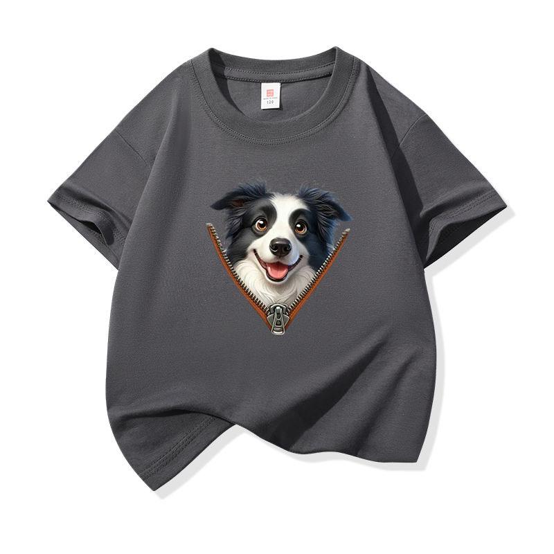 Kids Cotton T Shirt Adorable Collie Dog Zipper Print Crew Neck Short Sleeve Tee Casual Breathable Boys Girls Summer Tops
