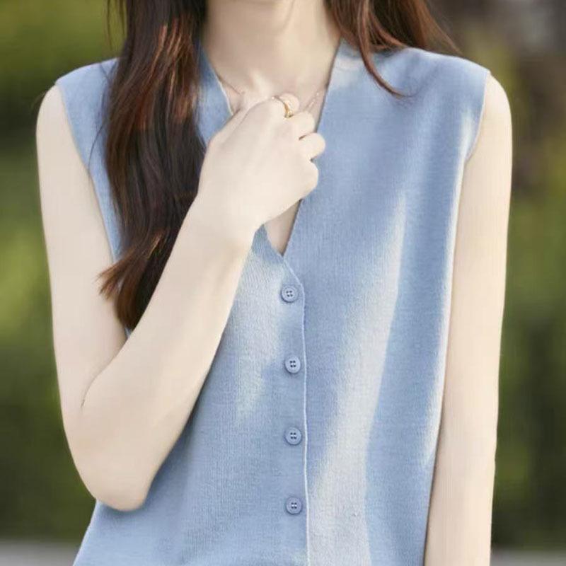 2025 Summer Women's Ice Silk Sleeveless Cardigan Vest with Buttons