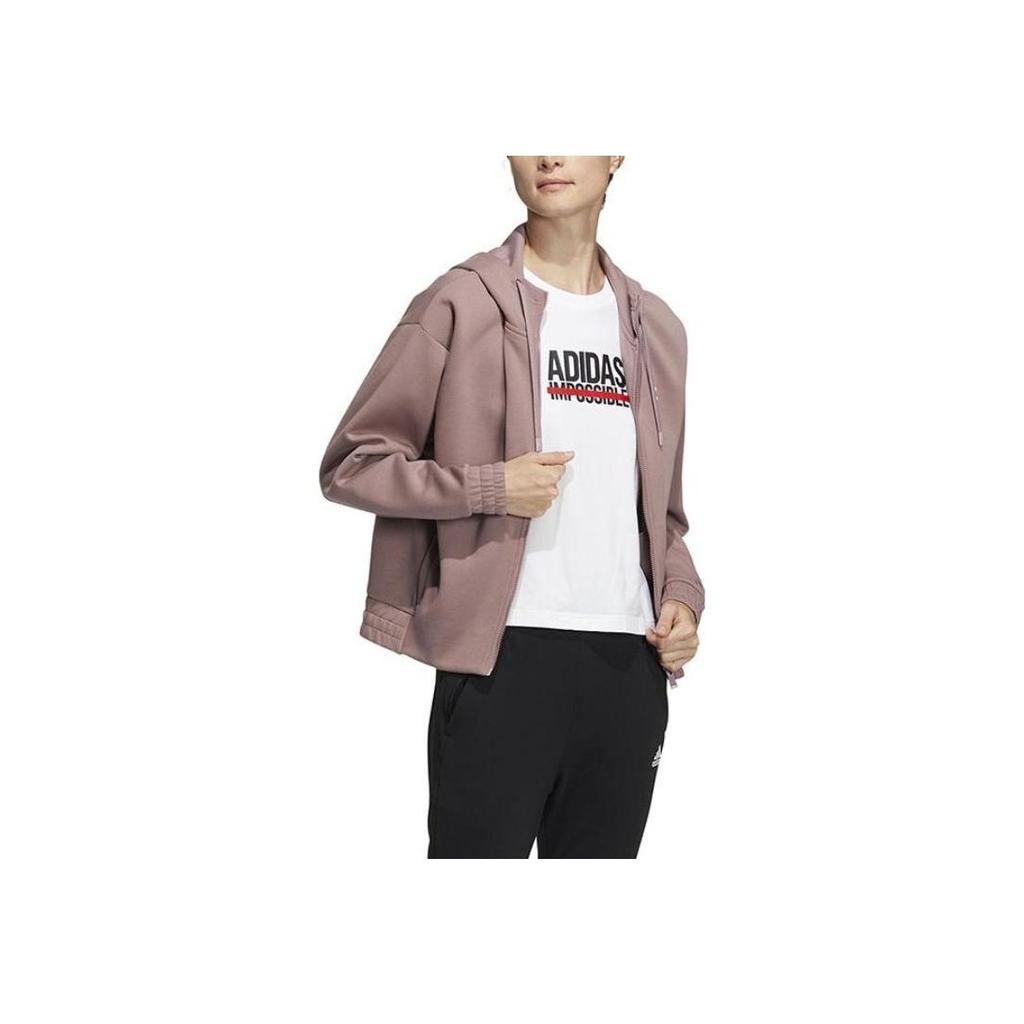 Adidas Solid Color Cuff Logo Embroidered Zip Hoodie Women Tops Light-Purple HZ7034