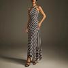 Women Halter Striped Print Maxi Dress Sleeveless High Waist Flowy Summer Dress