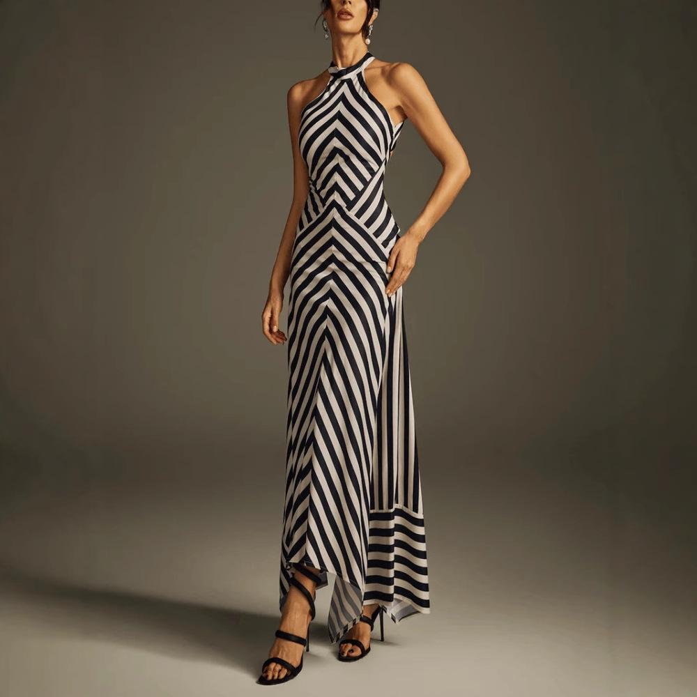 Women Halter Striped Print Maxi Dress Sleeveless High Waist Flowy Summer Dress