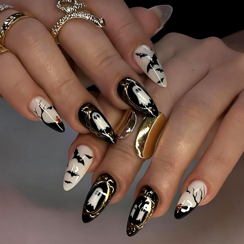 Halloween Press On Nails Medium Almond Fake Nails with Designs Bat Purple French Tip Glossy Glue On Nail 24 Pcs Natural Reusable Acrylic Nail for