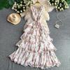 French Romantic Style Printed V-Neck Vest Dress Female Summer Vacation Skinny Temperament Elegant Fairy Cake Dress