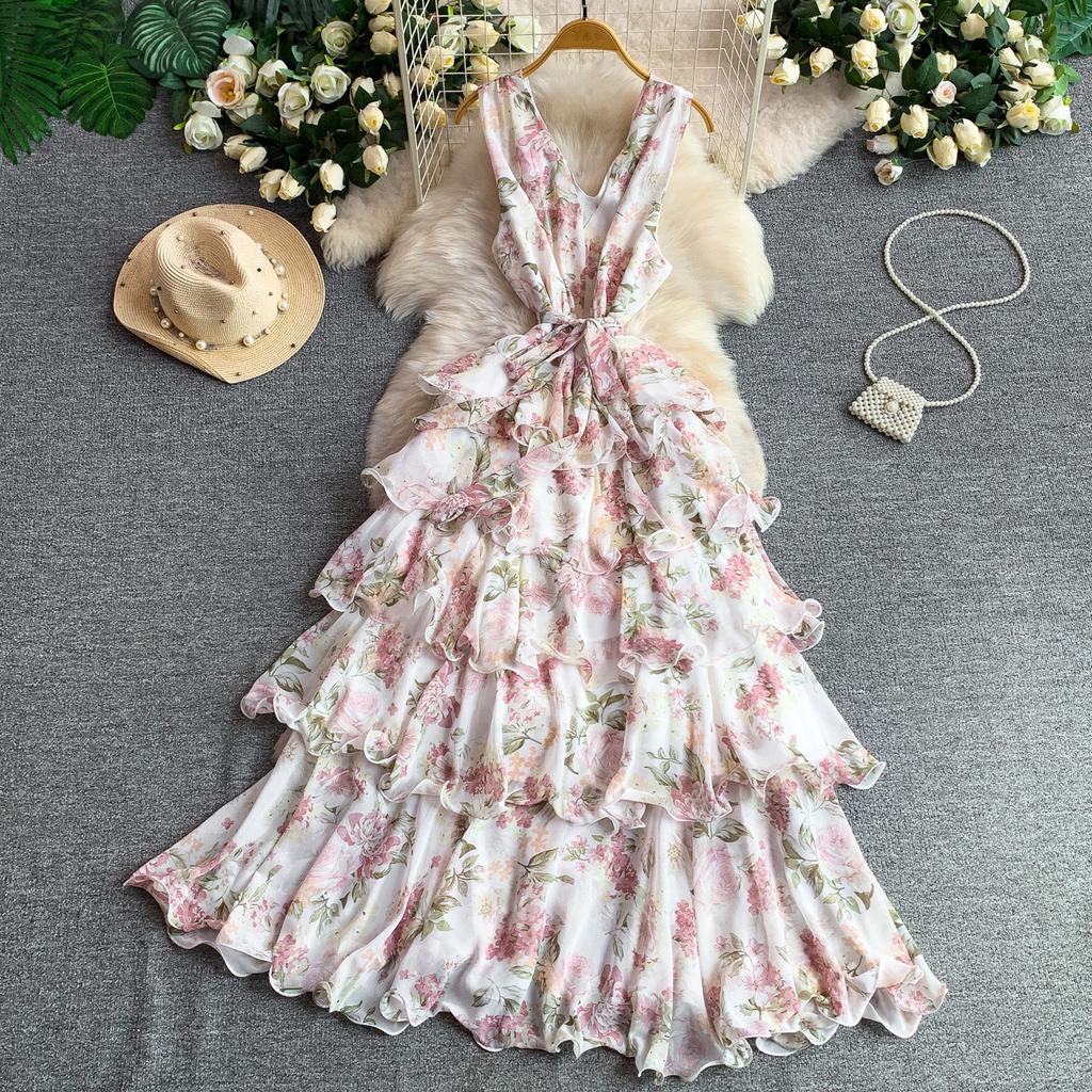 French Romantic Style Printed V-Neck Vest Dress Female Summer Vacation Skinny Temperament Elegant Fairy Cake Dress
