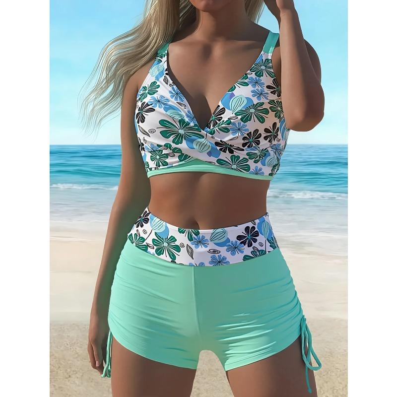 

Vintage Floral Print Bikini Set 2026 Women Cross Push Up Tank Top High Waist Drawstring Swimsuit Bathing Suit Swimwear Tankini XL ціан