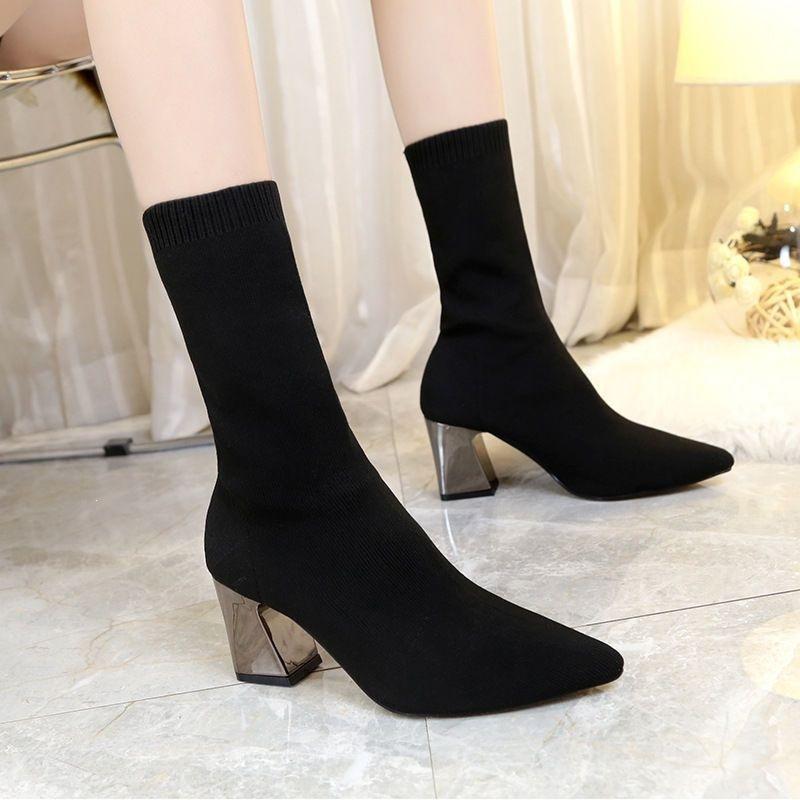 Foreign style thin boots short boots spring new pointed thick heel high heel with skirt Martin boots tide