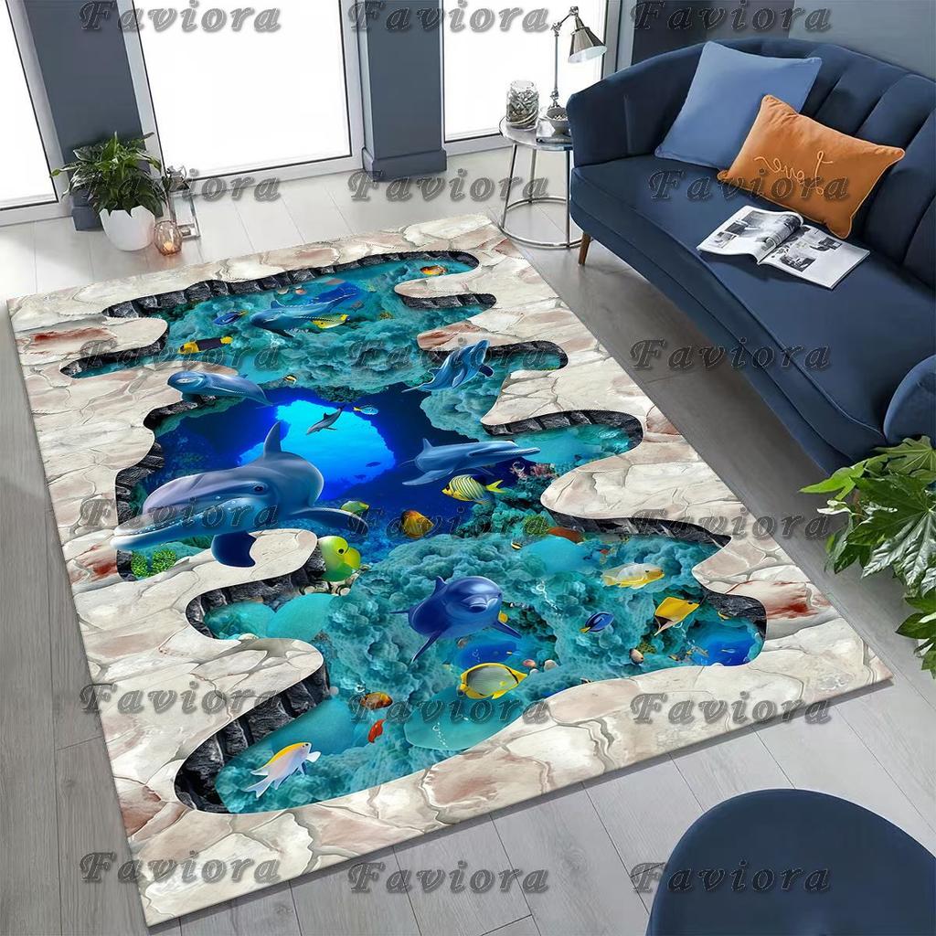 27 Style 3D Illusion Sea Underwater World Dolphin Rug for Bedroom Living Room Sofa Home Doormat Decor, Kids Non-slip Floor Mat