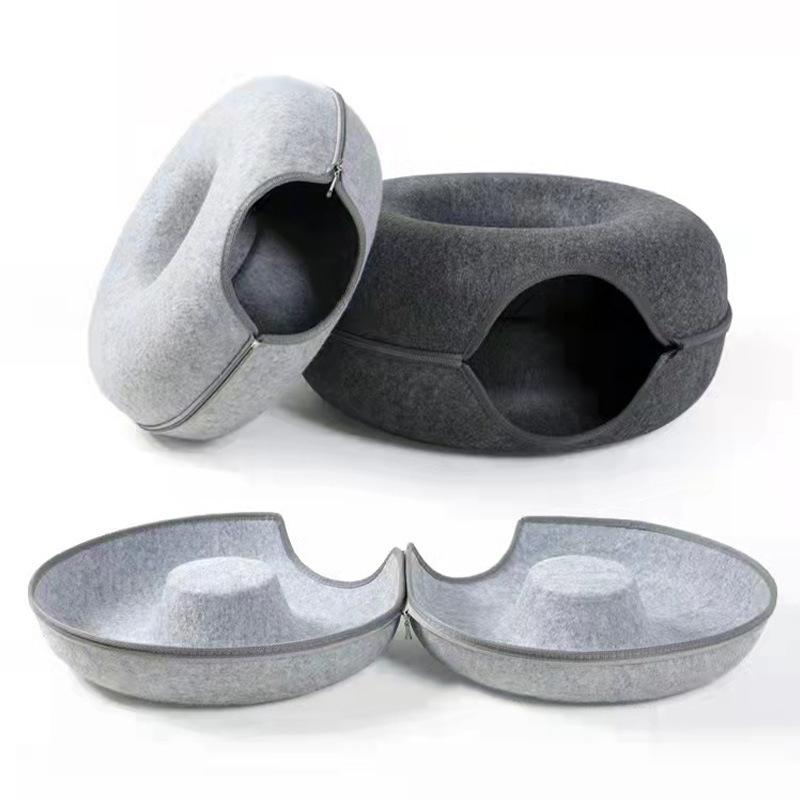 1PC Felt Cat Bed Enclosed Cat Cave with Zipper, Foldable Indoor Cat House, Cozy Donut Shape Pet Bed for Small to Medium Cats