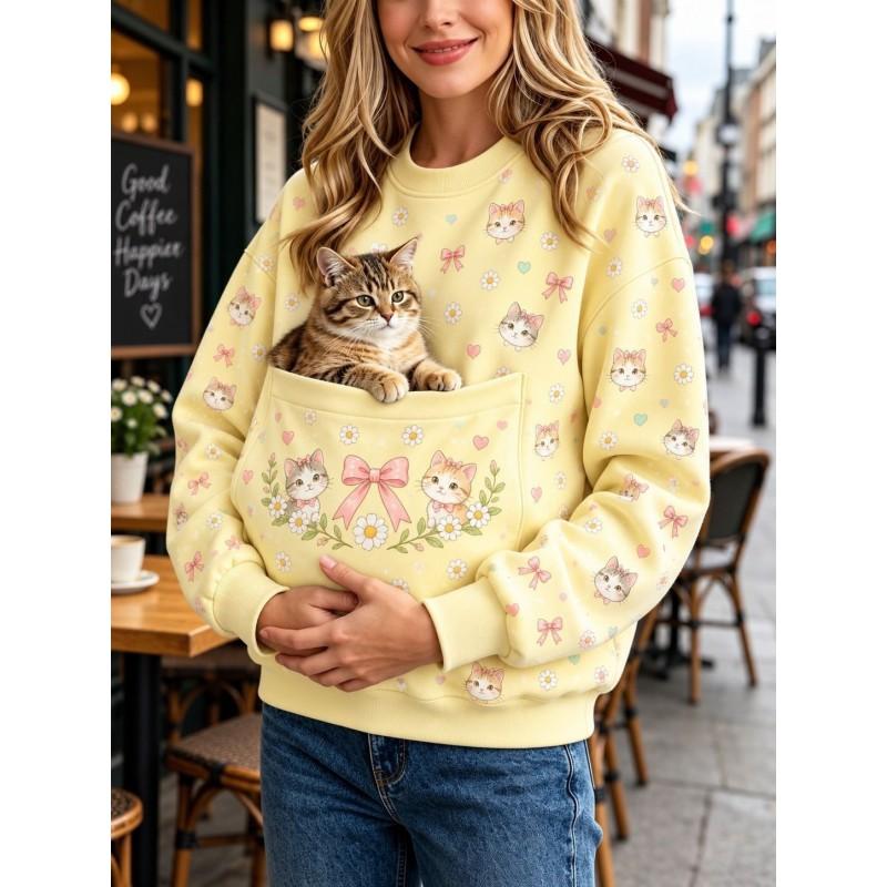 Christmas Cat Pocket Print Sweatshirt Retro Long Sleeve Top Holiday