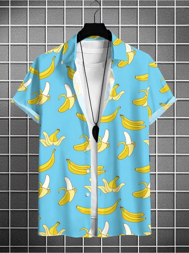 Herren Freizeithemd mit Bananenprint, kurzärmlig, aus Polyester, mehrfarbig, verschiedene Größen erhältlich, modisch für den täglichen Gebrauch
