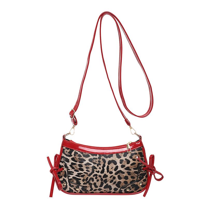 Splicing leopard print 2025 new retro Korean version bow fashion PU trend personality foreign feeling shoulder messenger bag