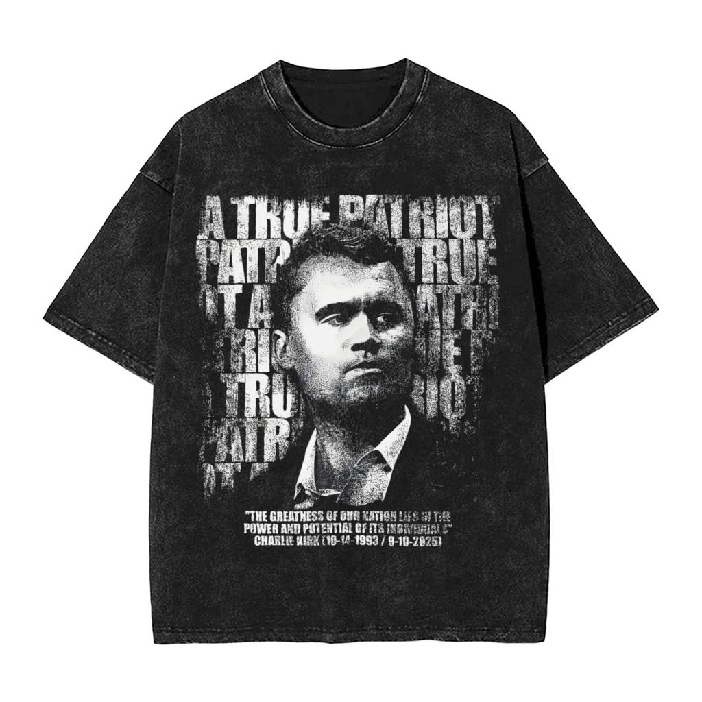 Washed T Shirt Charlie Kirk A True Patriot Hip Hop Vintage Tshirt High Street  Streetwear Short Sleeve Graphic Tops Tops Tees