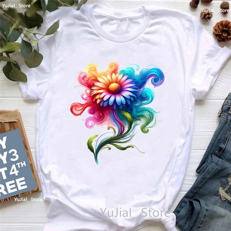 Colorful Smoke Flower Printed T Shirt T Shirt Unisexs Clothing Summer Fashion Short Sleeve Tshirt Femme Casual White Tshirt