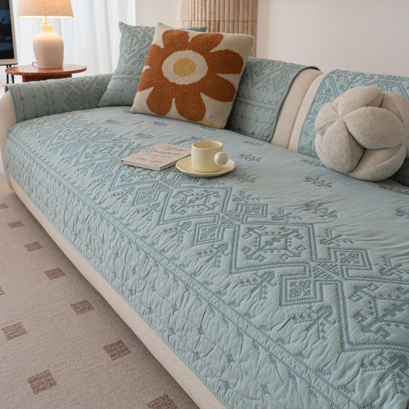 Nordic Style Embroidered Sofa Cushion Quilted Technology Couch Cushions Four Season Universal Backrest Armrest Dustproof Cloth Same Style Pillow Cover