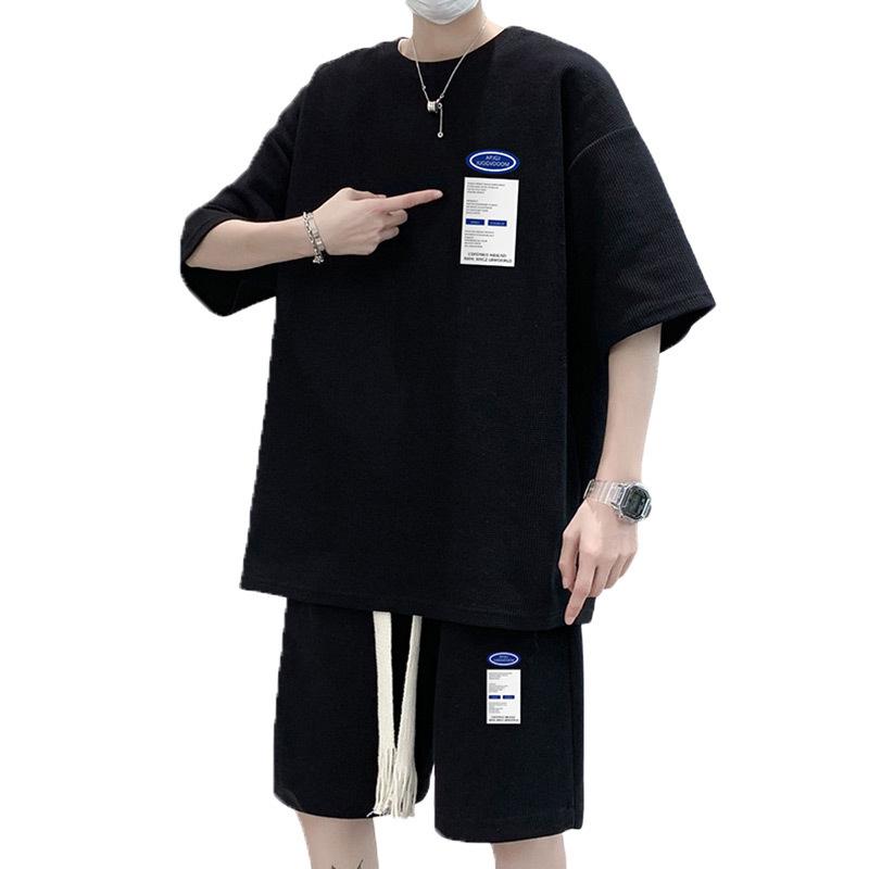 Men's Trendy Summer Waffle Sports Set: Loose-Fit Short Sleeve & Shorts Two-Piece