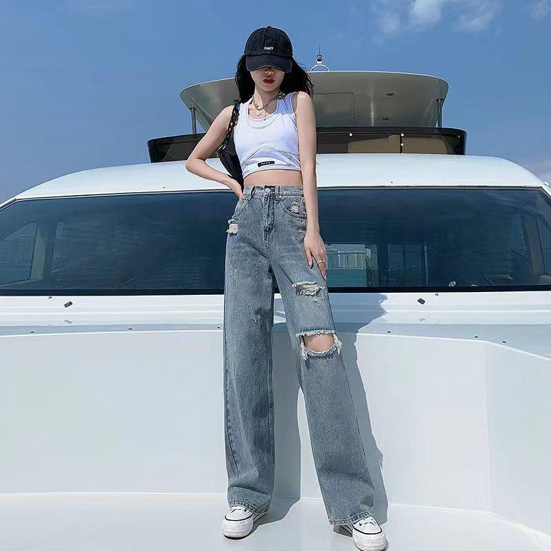High-Waist Slim Ripped Jeans for Women - Versatile Summer 2022 Loose Wide-Leg Pants