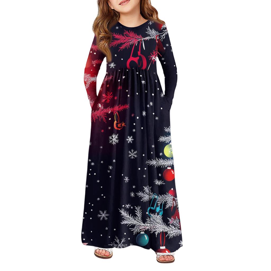 Girls' Maxi Dress - Long Sleeve Pocket Dress Christmas Day