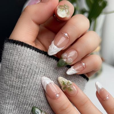 White-green French Three-dimensional Corrugated Camellia Small Gold Beads Versatile Temperament Gentle Medium and Long Almond Nail Diamond 24 Pieces