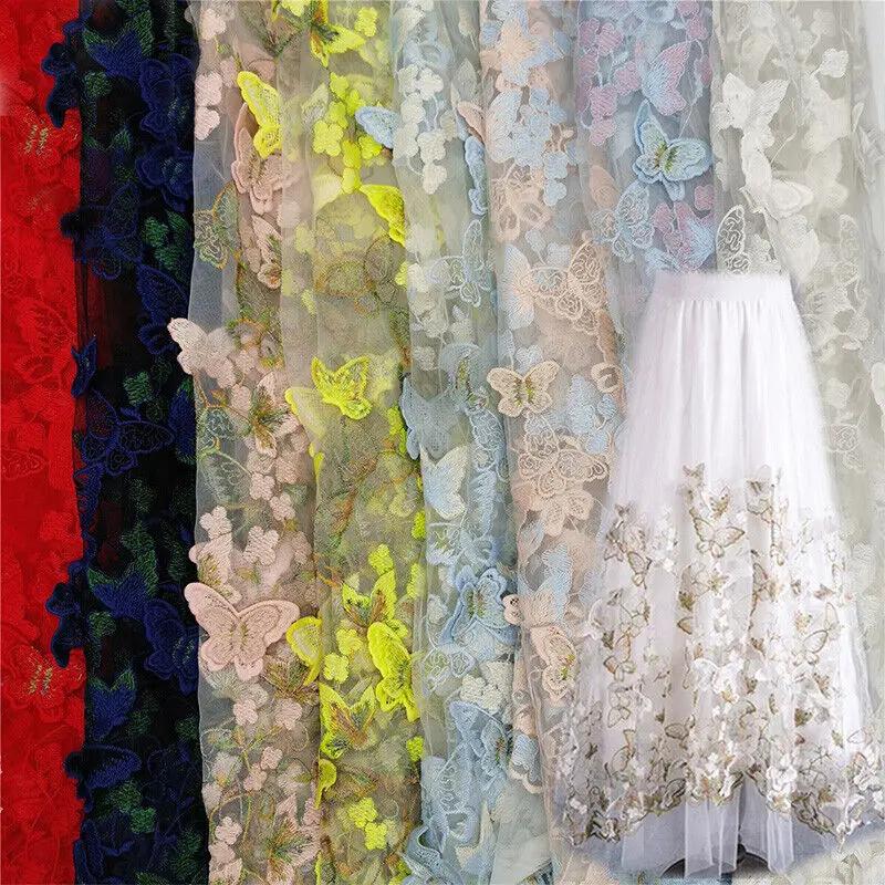 3D Butterfly Floral Embroidery Fabric Lace Mesh Voile Clothes Dress Material Suit DIY Fabric Sewing Craft Clothing Supplies