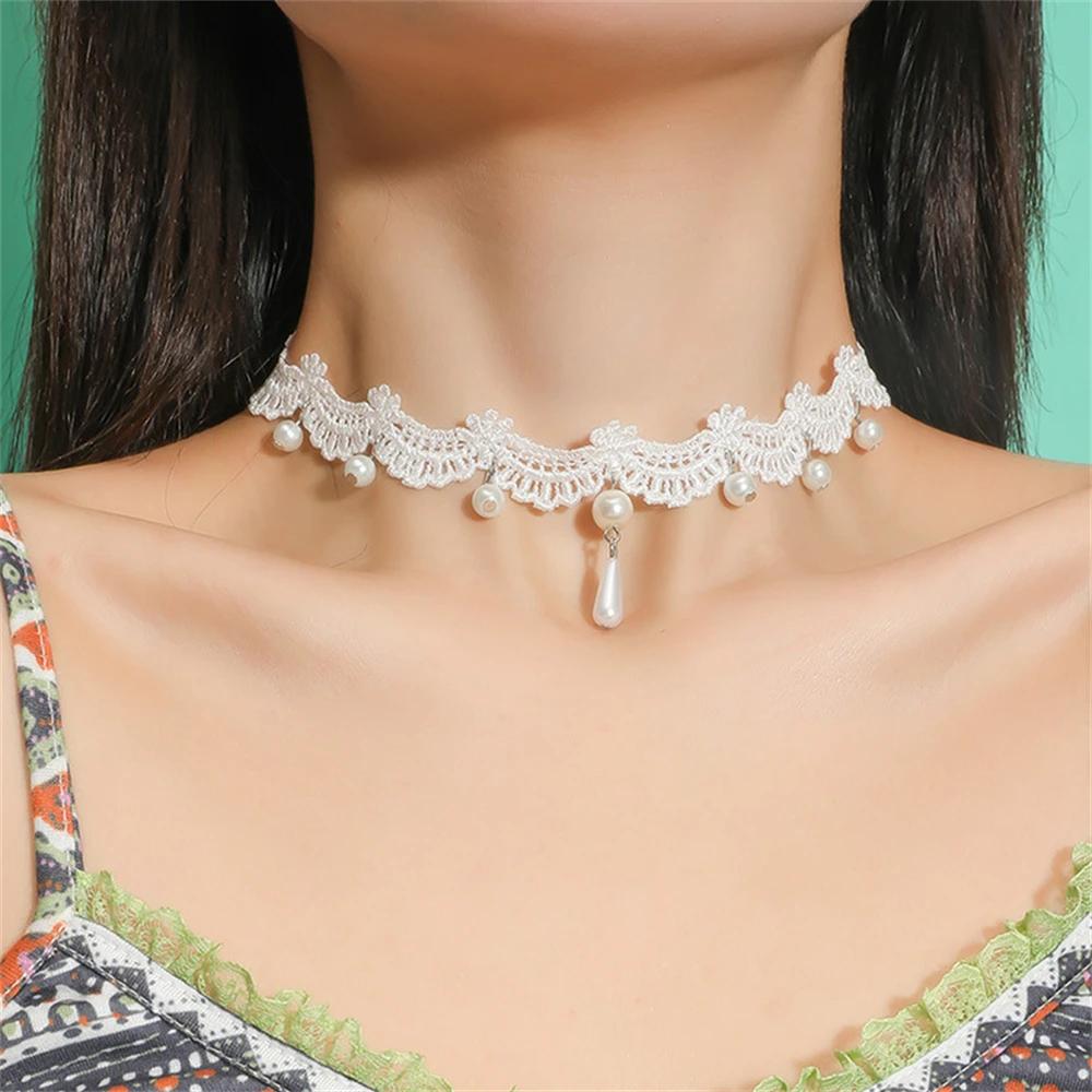 1PC White Lace Pearl Collar Necklace for Women Girl Elegant Sweet Lace Choker Necklace Kpop Neck Jewelry Accessories Gift