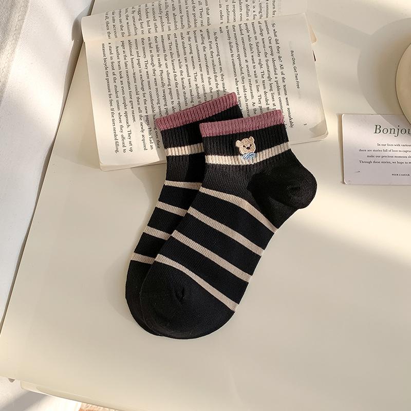 Women's Color-blocking Striped Short Boat Socks Spring and Summer Mesh Breathable Bear Boneless Cotton Socks Women's Short Socks