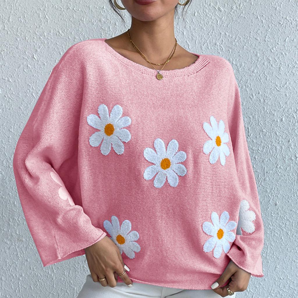 Women's Fashion Casual Flower Print Loose  Sleeve Knitwear Top Sweater