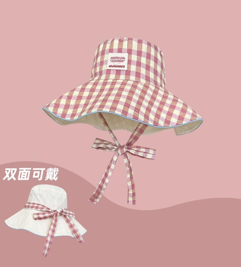 New Korean Style Plaid Lace Up Fisherman Hat For Summer Outdoor Travel With Large Brim And Double-Sided Sun Protection Hat