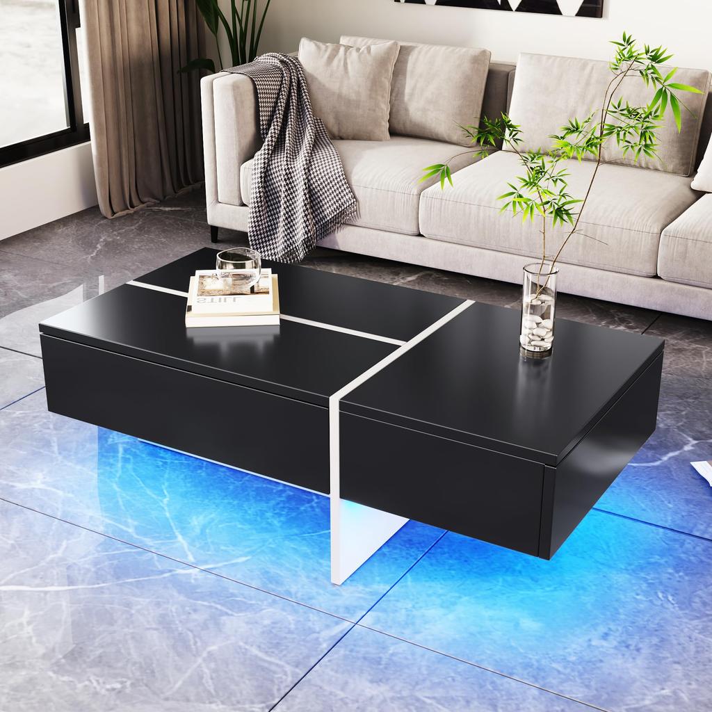 Living Room Table, LED Coffee Table with Storage, High-Gloss Coffee Table with Drawers, Modern Coffee Table