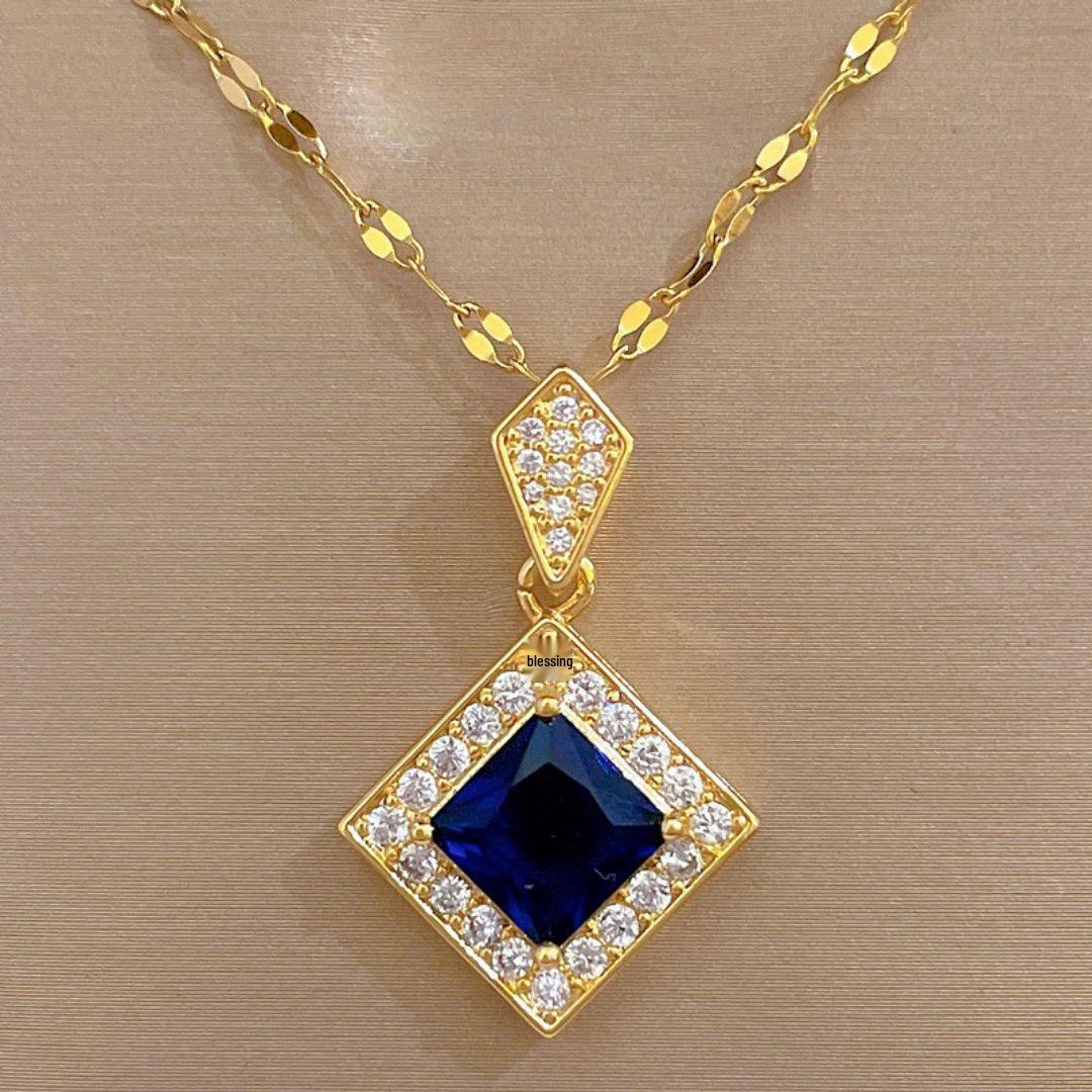 Elegant Blue Zircon Rhombus Necklace & Tassel Earrings Set for Women