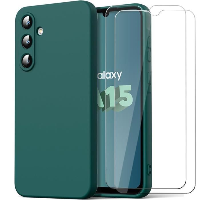 Coque + 2 Verres Trempés pour Samsung Galaxy A15 4G-5G - Protection Silicone Liquide Vert Nuit Effet Mat
