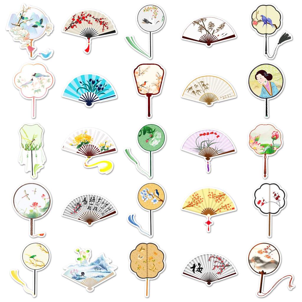 50 Chinese Style Round & Folding Fan Stickers: Creative DIY Graffiti Journal and Guka Milk Tea Cup Decor