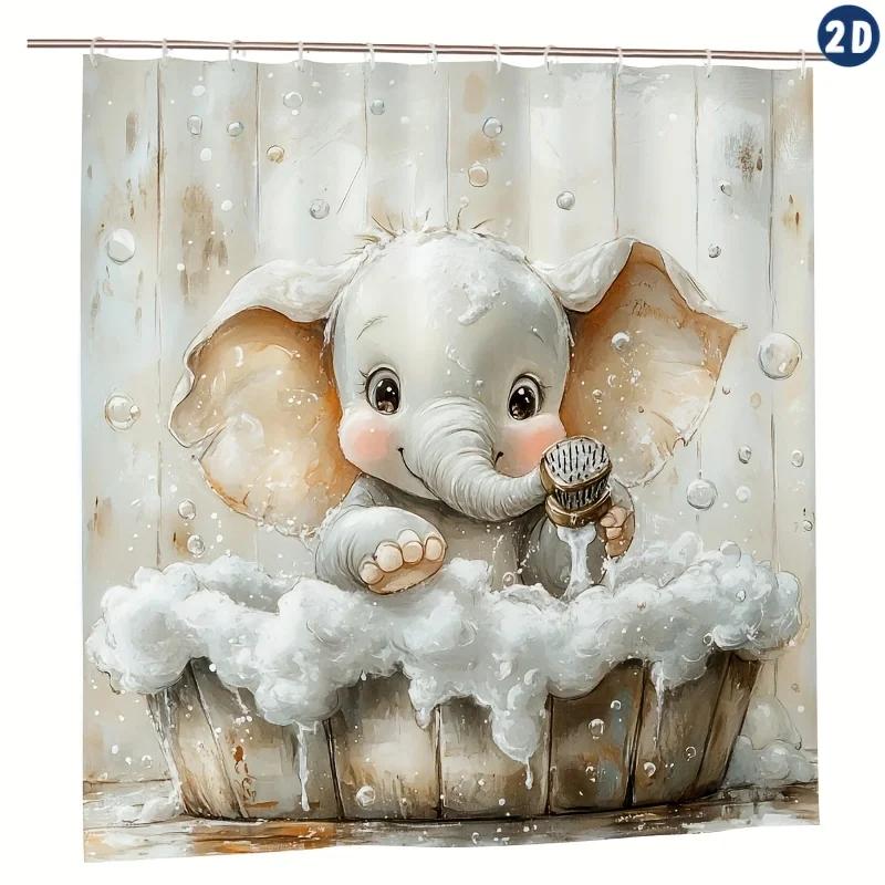 1Pc Cute Elephant Bathtub Shower Curtain With Hooks, 70.8X70.8 Inch, Durable Polyester, Easy To Clean, Whimsical Cartoon Design