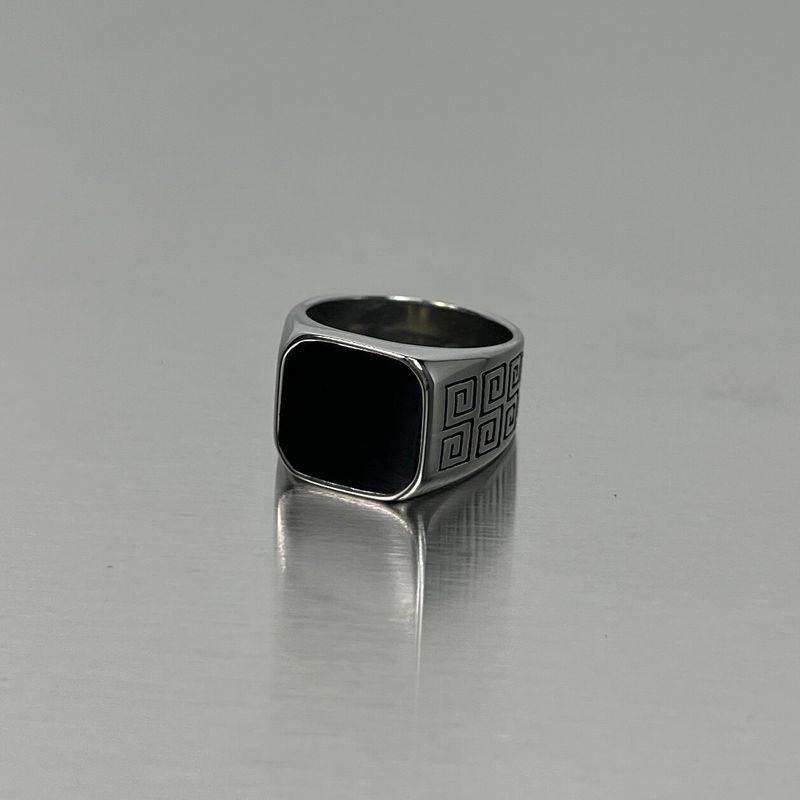 

Мужское кольцо из титановой стали Модное Женское Хип-хоп Черный оникс Great Wall Pattern Black Gemstone Ring Us Size 7