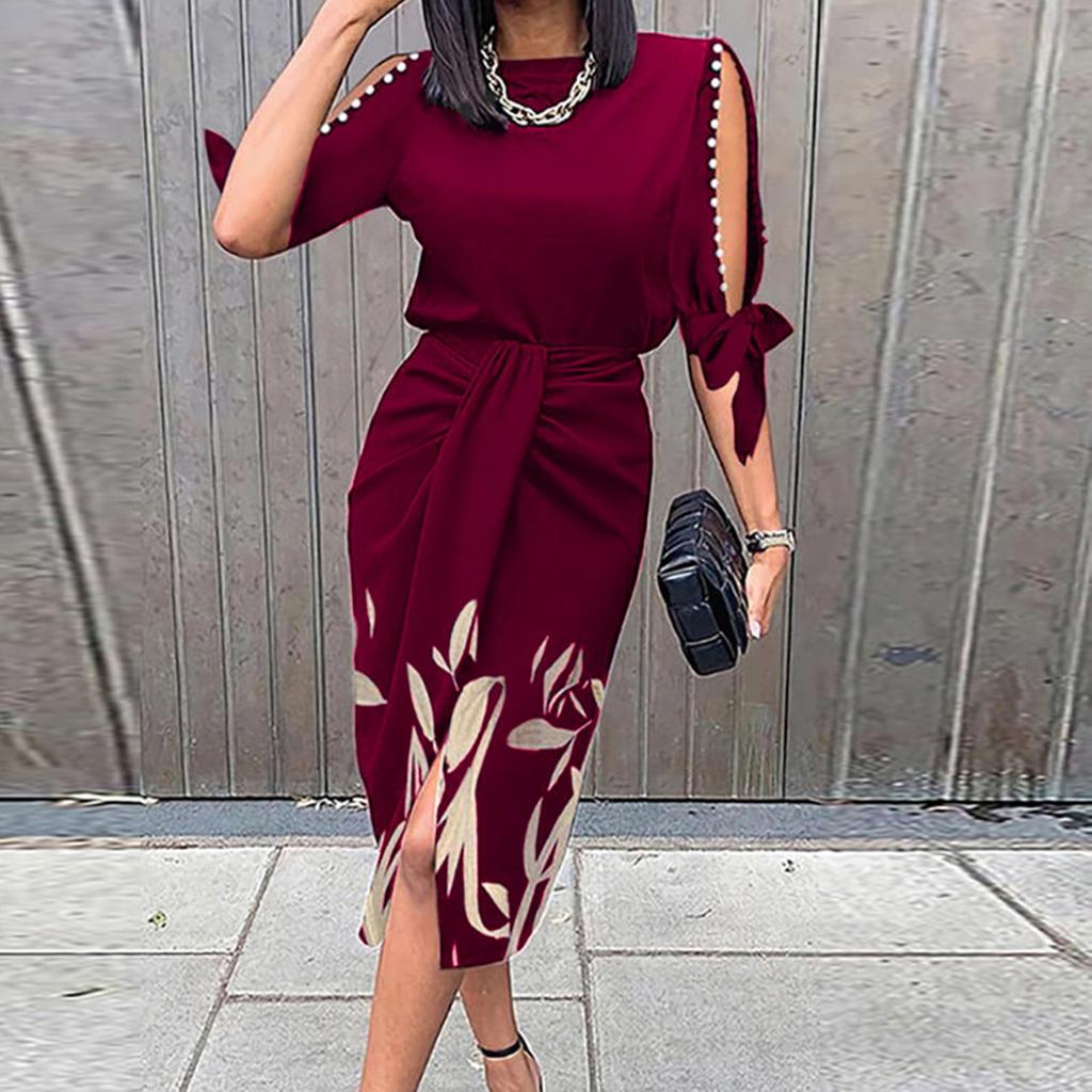 Women's Fashion Five-part Sleeve Strap Hollow Printed Sleeve Slim Dress