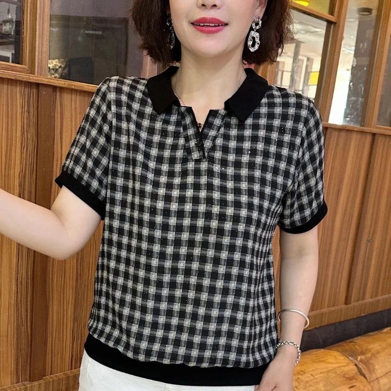 

Summer Casual and Simple Plaid Foreign Style Short-sleeved and Age-reducing Loose Top for Middle-aged and Elderly 4XL чорний