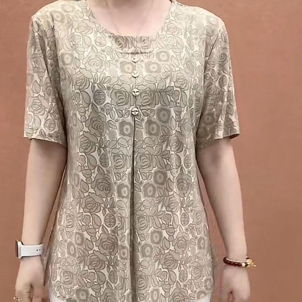 Stylowy żakardowy T-shirt z okrągłym dekoltem i rękawem 3/4 dla puszystych matek w średnim wieku i starszych