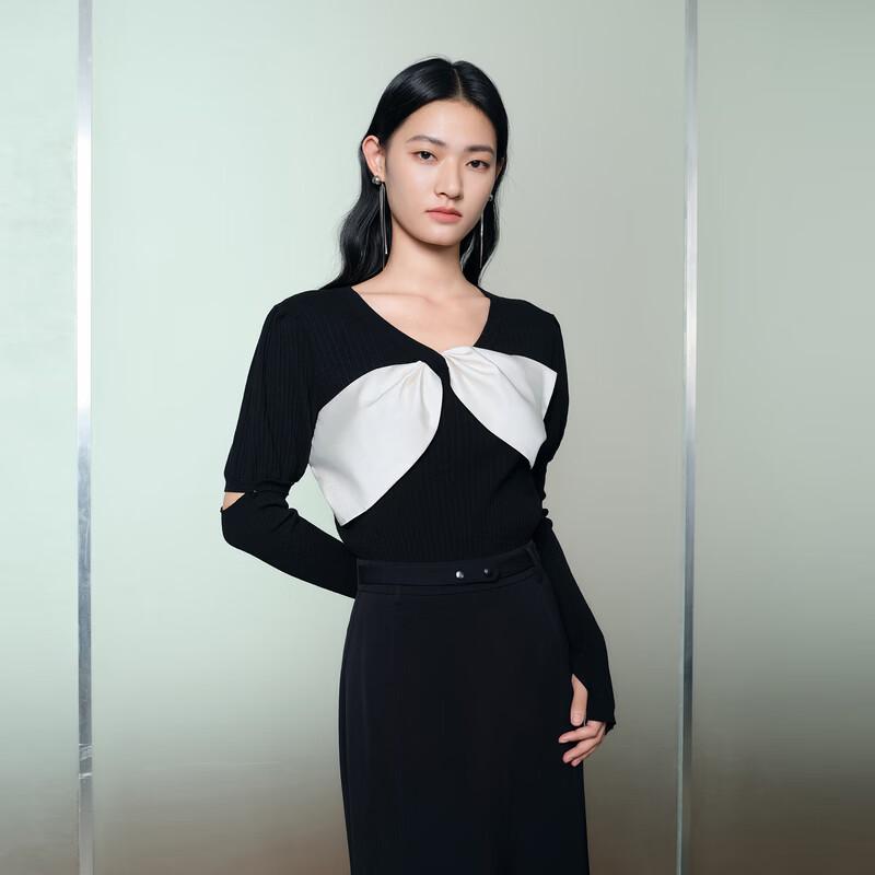 Sancai Women s Slim-fit V-neck Knit Top with Bow Detail and Finger Loops L