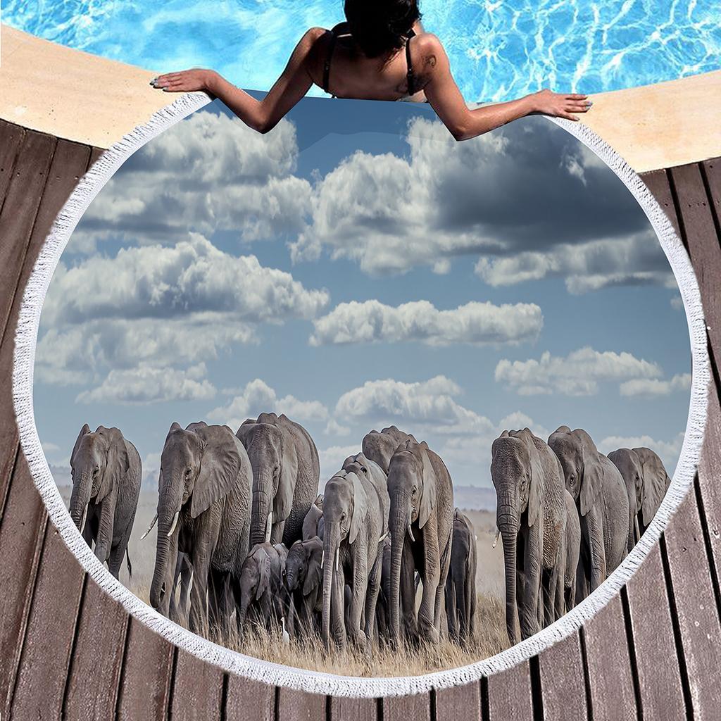 Wild Elephant Round Beach Towel,Microfiber Sand Resistant Beach Blanket,Soft Absorbent Quick Dry Portable Pool Towel Picnic Mat