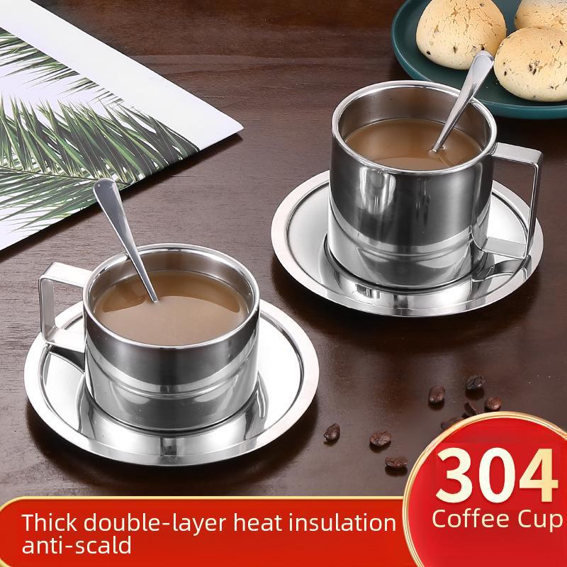 304 Stainless Steel Double-Layer Insulated European Coffee Cup Set - 3-Piece