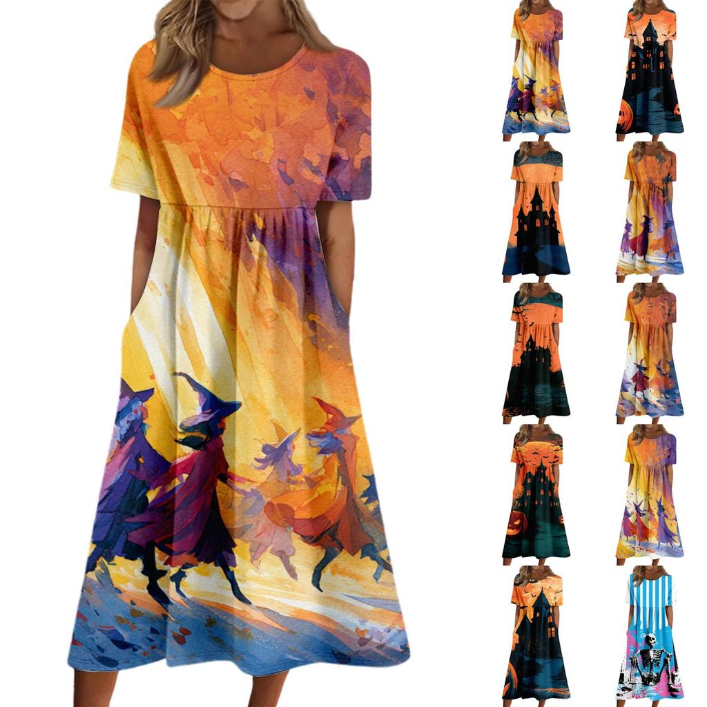 Women's Casual Halloween Print Round Neck Dress with Pockets