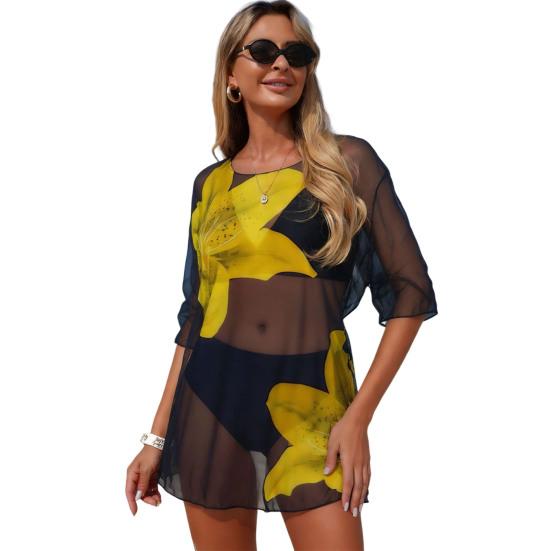 3-teiliges Set Damen Badeanzug Set V-Ausschnitt Träger-BH Hoher Taillen Slip Bikini Set mit Atmungsaktivem Netz Cover-Up Urlaubs Party Sommer Bademode