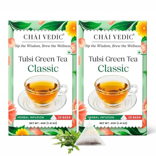 Chai Vedic Tea | Tulsi Green Tea Classic | Tulsi Tea | Green Tea | 40 Tea Bags | Tea Powder