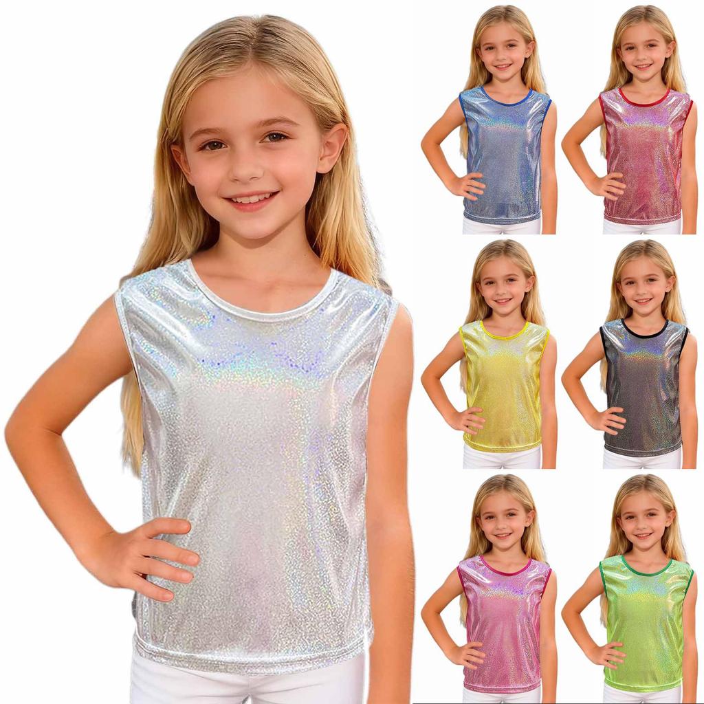 Loose Fit Sleeveless Holographic Tank Top for Kids Dancewear Shiny Sequin Reflective Performance Shirt Urban Style