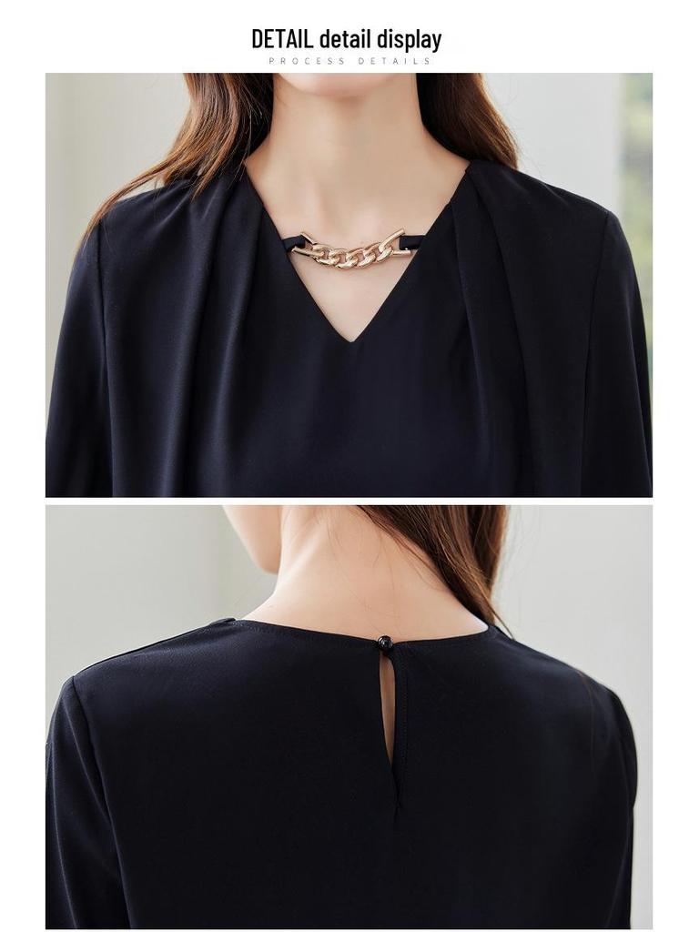 2026 Spring/Autumn Elegant French V-Neck Chain-Trimmed Waist-Cinching Long-Sleeved Women's Shirt