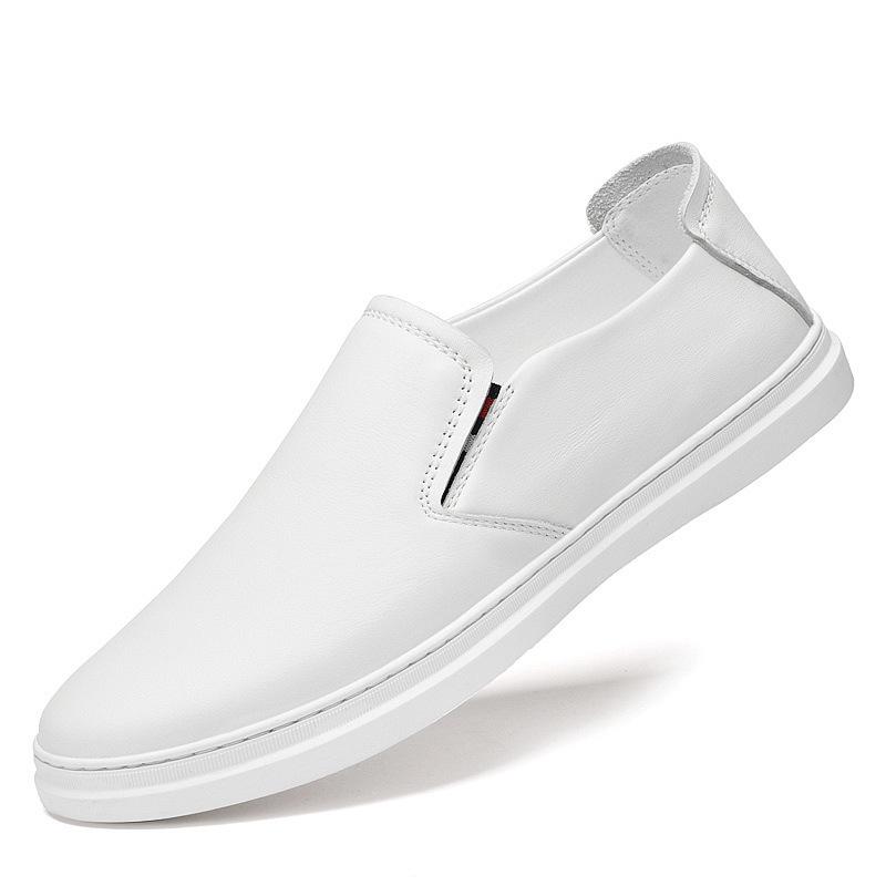 Men's Casual Cowhide Leather White Loafers - Stylish & Versatile for Spring and Autumn