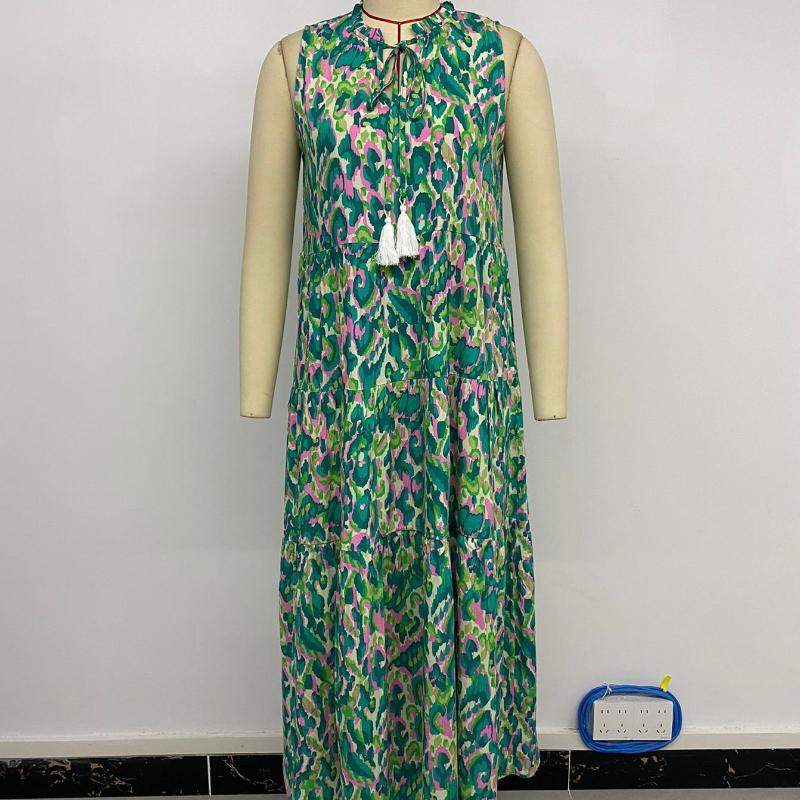 Summer Vacation Beach Sleeveless V-neck Tassel Print Dress Women Fashion Elegant A Line Casual Loose Women's Dress Vintage Slim Fit Female Dress 26646