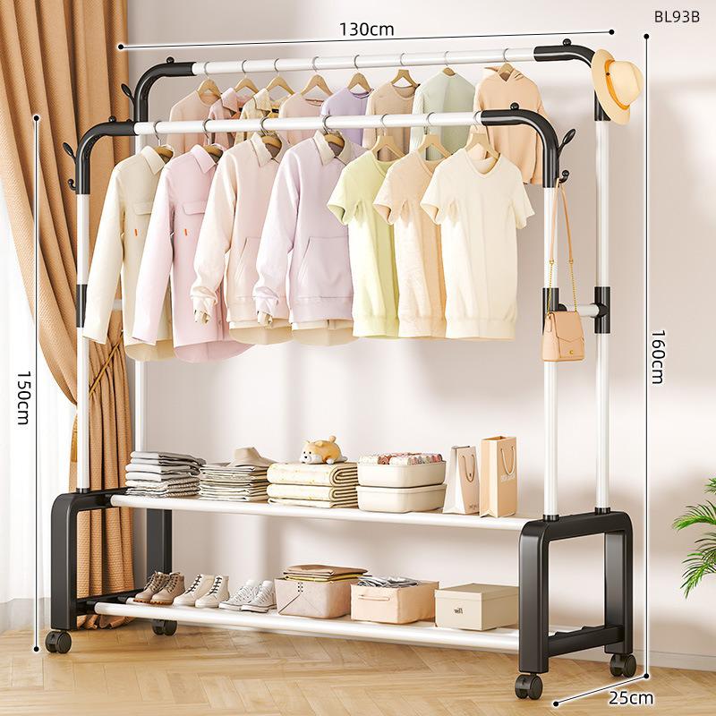 Plastic Floor-Standing Balcony and Bedroom Clothes & Hat Rack, with Folding Drying Pole and Storage.